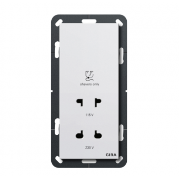 Razor socket outlet (DIN EN 61558 2-5), 115 - 230 V~ for cover frame, 2-gang without crossbar System 55, pure white glossy (Art# 282003)